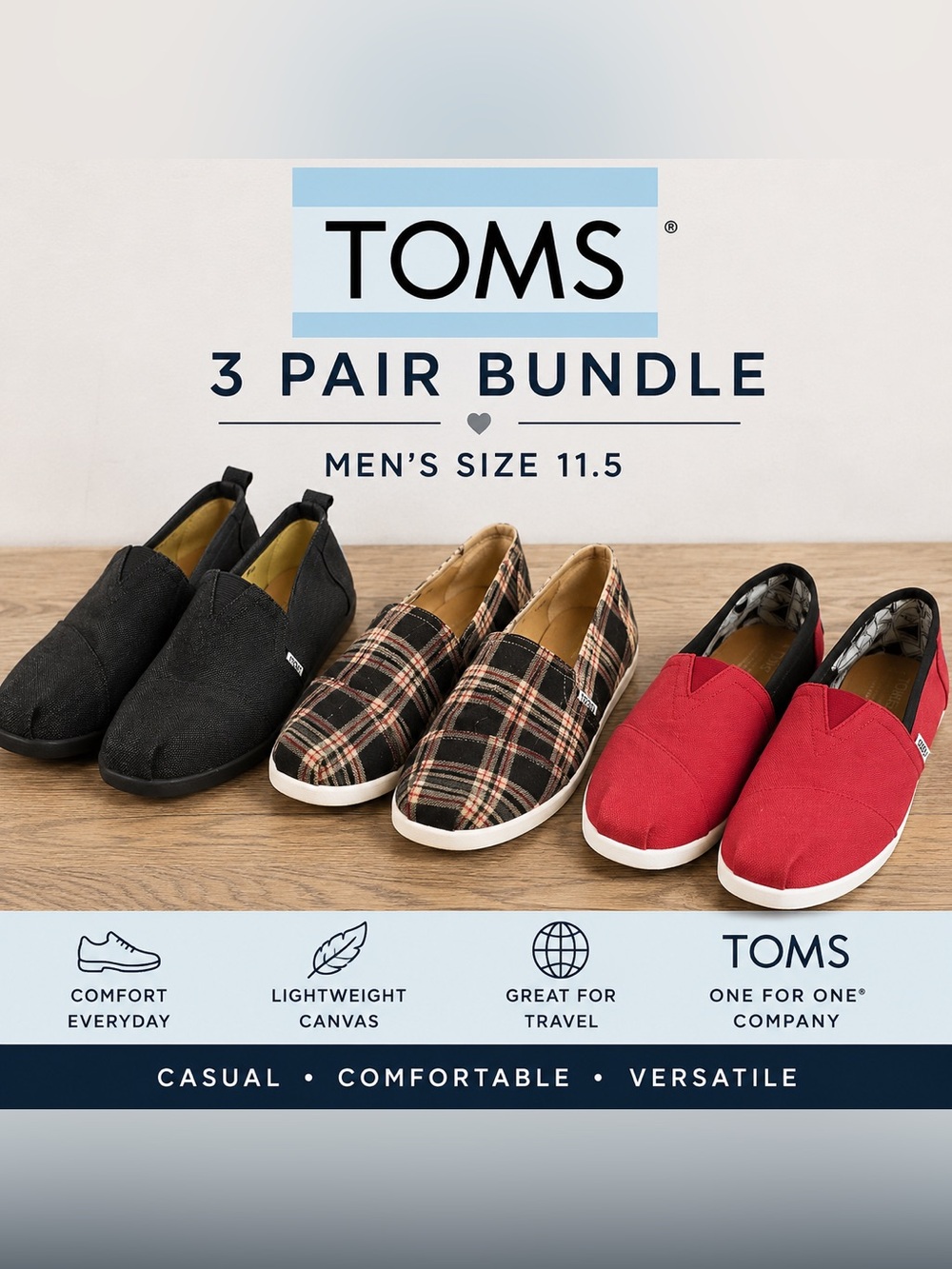 Men’s TOMS Slip-On Shoe Bundle Lot Size 11.5 Plaid Red Black Casual Canvas